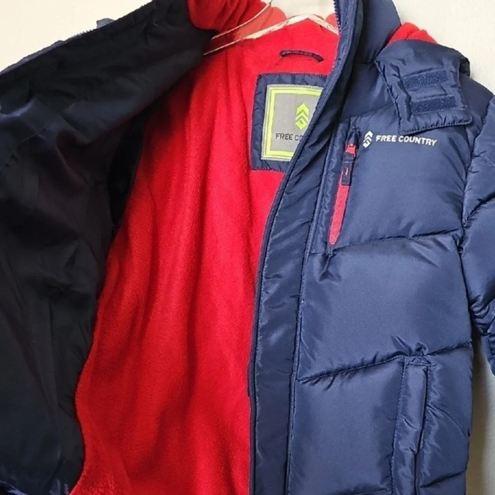 Free Country Boys Navy Blue Fleece Lined Puffer Jacket Detachable Hood Size S 8